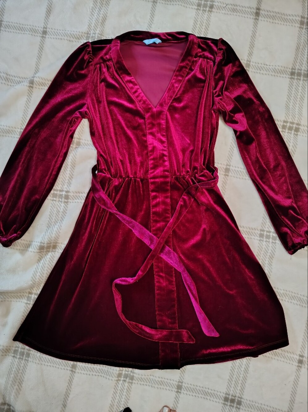 Draper James V-Neck Velvet Mini Dress with Waist Tie in Deep Wine / Burgundy